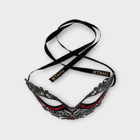 IETANG Black Red Rhinestone Masquerade Mask Ballroom Party Venetian - Picture 3 of 6